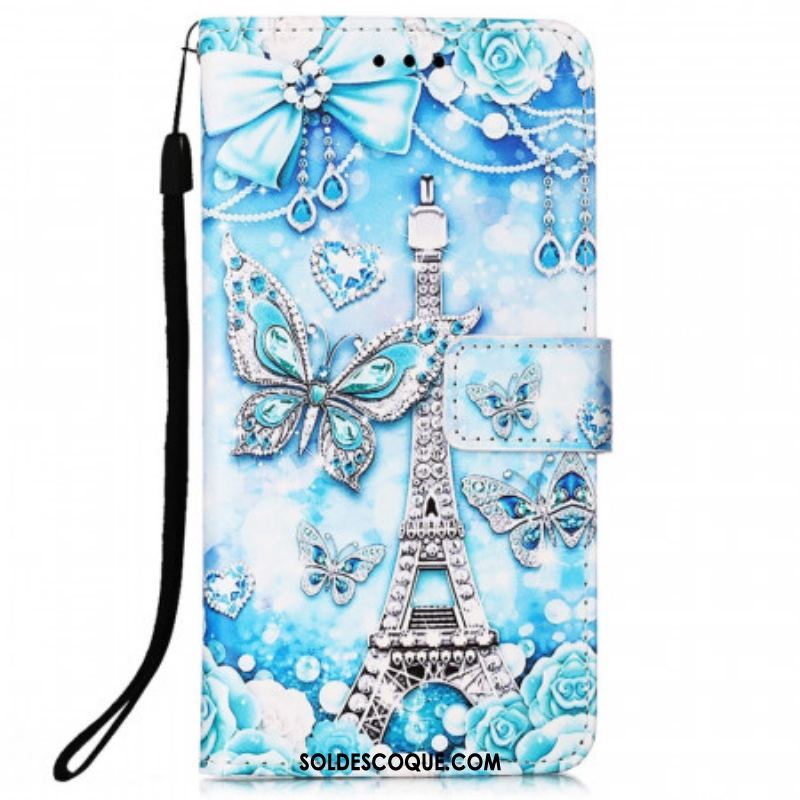 Housse Samsung Galaxy A53 5G Tour Eiffel Papillons à Lanière