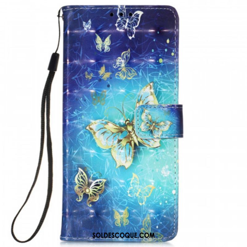 Housse Samsung Galaxy S22 Ultra 5G Papillons Dorés Lanière