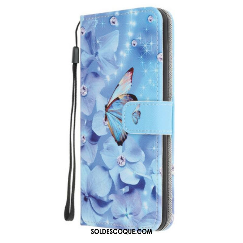 Housse iPhone 13 Mini Papillons Diamants à Lanière