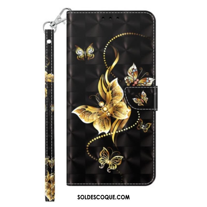 Housse iPhone 14 Papillons Dorés à Lanière