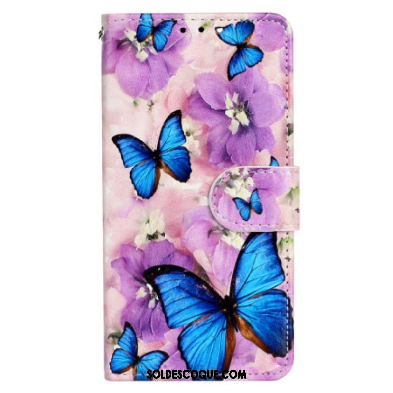 Housse iPhone 15 Petits Papillons Bleus à Lanière