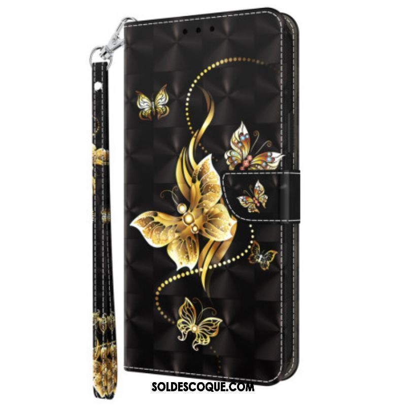 Housse iPhone 15 Pro Papillons Dorés à Lanière