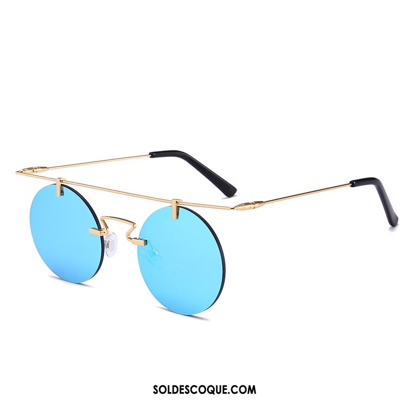 Lunettes De Soleil Homme Bleu Rond Rétro Métal Femme Pas Cher